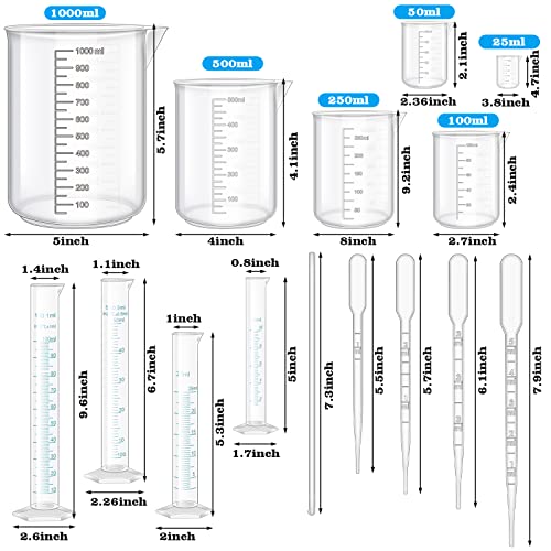 Набор от пластмасови Степен на цилиндри - 6 Прозрачни Пластмасови Степен турбо 25/50/100/250/500/1000 мл, 4 Пластмасови чаши