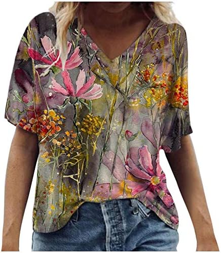 SMIDOW Дамски Модни Графични Блузи Летни Ежедневни 2023 Реколта Цветни Тениски с Къс ръкав V Образно деколте,