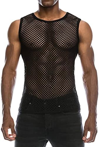 WDIRARA Мъжки Прозрачна Мрежа Риза Без Ръкави, с V Образно деколте, Риза, Празничен Топ
