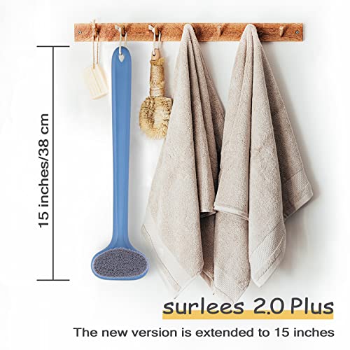 Surlees 2.0 Plus - Скрубер за душ за мъже и жени в Напреднала възраст, Четка за баня, Четка за Тяло (15 инча, Синьо)
