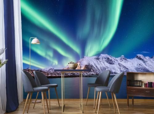 Фотообои - Северното Сияние Aurora Borealis - монтиран на стената Пейзаж Зимен Декор (144x100 инча - 366x254 см) В комплект Стикер