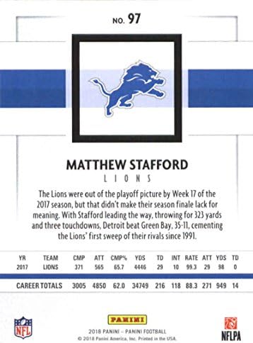 2018 Панини Футбол NFL #97 Матю Стафорд Детройт Лайонз Официалната Търговска карта
