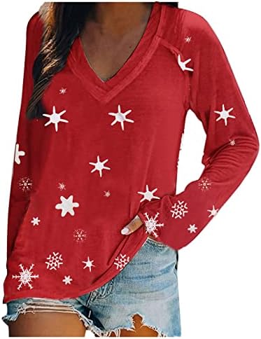 Жена Пуловер с дълъг ръкав, Секси Тениски С V-образно деколте, Коледни Снежинки, Принт, Ежедневна Туника, Върховете