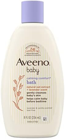 Aveeno Baby Успокояваща вана и средство за измиване на тялото с релаксиращи аромати на лавандула и ванилия и натурален екстракт от овес, Формула без разкъсвания, без пар