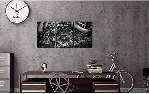 HOMEOART Двигател Стенно Изкуство в Близък план Пиньон и Верига Черно-бяла Картина на Платно за Печат Галерия Увити Пещерния Човек Стенен Декор 24 x 48 (3 Панела)