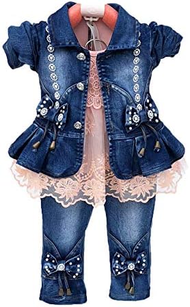 Комплект дрехи за малките момичета от 6 m до 4 години, Пролет-Есен, 3 бр. Тениска с дълъг ръкав Деним яке и Дънки