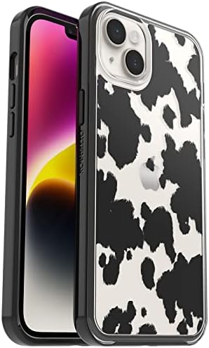 Калъф OtterBox за iPhone 14 Plus серия Симетрия - с принтом КРАВИ (ясно / черно), ултра-тънък, е съвместим с безжична зареждане, издигнати край защитават фотоапарата и екрана.