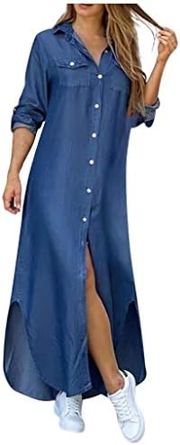 Женствена Рокля-риза Aniywn копчета, Дълги Макси рокля-тениска с V-образно деколте и рюшами, С Дълъг Ръкав, Оверсайз, Рокля-риза