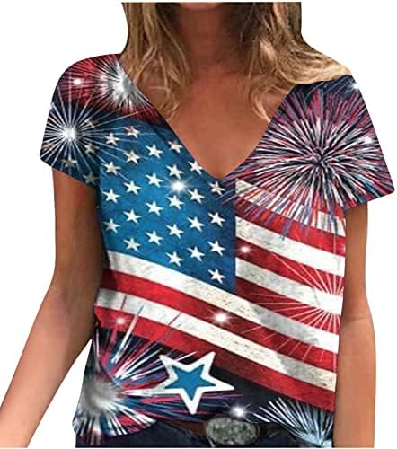 QCEMENI/ Дамски Летни Тениски С Принтом на Деня на Независимостта, Върхове с американския Флаг, Тениска с V-образно деколте