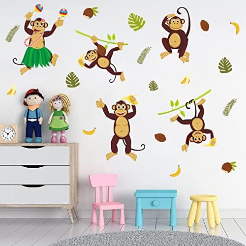 Сладки Етикети с Маймунката На Стената САМ Щастлива Маймуна с Банан, Кокос, Тропически Палмови Листа, Стикери за Стена,