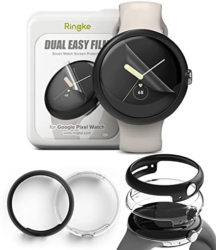 Тънък калъф Ringke, съвместим с часове, Google Pixel Watch [Прозрачен и черен] + Двойна лек филм, съвместима с часове, Google Pixel Watch [3 опаковки]