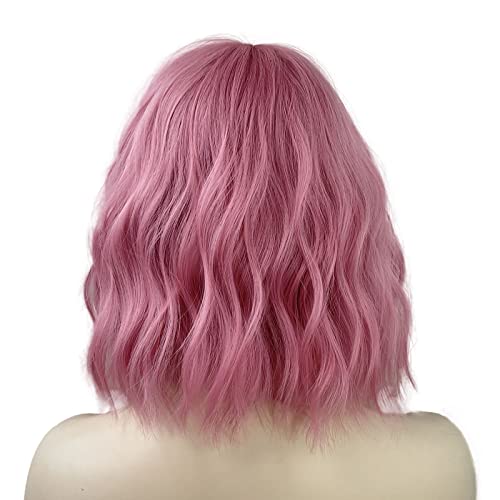 TRUMOST Розово Кратък Вълнообразни Перука за тяло с Бретон - Синтетичен къдрави коси Вълнообразни Перука-Боб, Огнеупорни,
