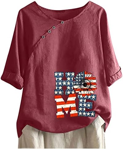 Дамски Тънка Риза с Дълъг Ръкав в Деня на Независимостта, Летни Дамски Тениски с V-образно деколте и Страничните Бутони с Цветен Модел