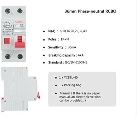 Автоматичен прекъсвач остатъчен ток MOPZ 30mA 230v 50/60 Hz със защита от претоварване работен ток и течове (Цвят: N