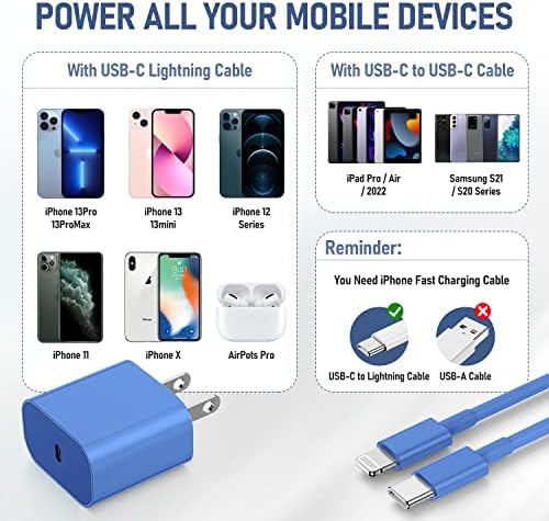 Бързо зарядно устройство за iPhone, сертифицирано Пфи и ETL, 2 опаковки 20 W, бързо зарядно устройство за iPhone с USB кабел