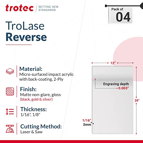 Trotec | Прозрачен Акрилен лист с цветен покритие с обратната страна | 4 бр. | Матиран Прозрачен /Бял | 12 x 20x 1/16 | 2 слоя