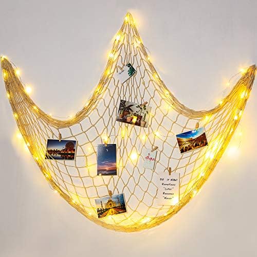 Декор от Естествена Рибарската Мрежа Hohean с Подсветка 79 x 59 См, Декоративна Кремаво-Бяла Риболовна Мрежа,