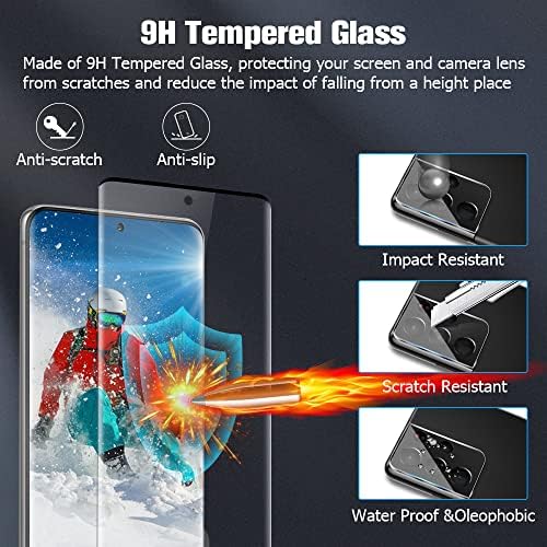 [2 + 2] Защитно фолио за дисплея на Galaxy S21 Ultra от закалено стъкло 9H + Защита на обектива на фотоапарата [Без мехурчета] [Отключване на пръстови отпечатъци] 3D Извити филм о