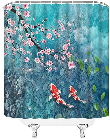 Завеса за Душ HYKHYK Cherry В цветове Koi, Японски Езерото, Розово Цвете, Азиатски Акварел Шаран, Естествени Тъкани,
