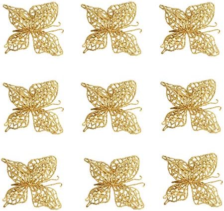 EXCEART 10шт Кухи Пеперуди Висящи Украшения Коледно Дърво Блестящи Висулки, Златни
