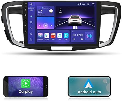 Подходящ за Honda Accord 9th gen 2.0 L 2013- с Apple Carplay/Android Auto 10.1-инчов сензорен екран и Android 12 Аудио GPS Навигация A/C Управление на Bluetooth и WiFi изглаждат време на дисплея (8 ядра, 4 GB + 64 GB