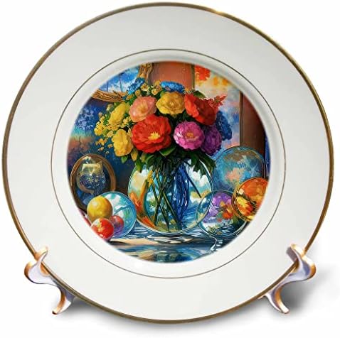 3D - Красив Цифров Художествен натюрморт с цветя, Стъклени топки на Масата - Ястия (cp-375613-1)