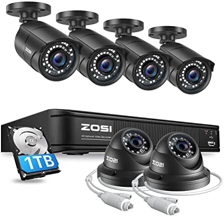 ZOSI H. 265 + 8-канална система за видеонаблюдение 5MP 2K PoE за употреба на открито на закрито, 6 x 5MP (2K) Бронирани IP камери PoE с нощно виждане, твърд диск с капацитет 1 TB за запис