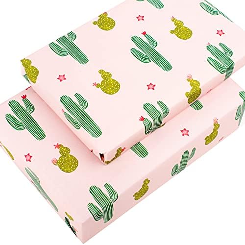 ЦЕНТРАЛНА 23 - Амбалажна хартия за кактуси - 6 Листа за опаковане на подаръци за рожден Ден - Розово и Зелено - За