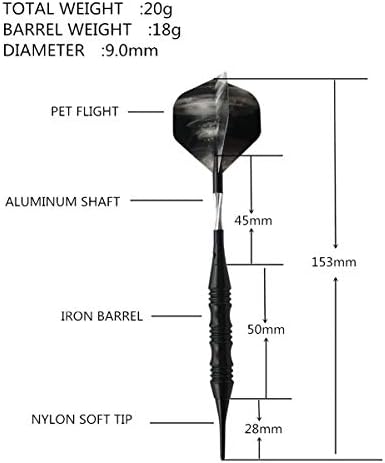 Професионален Изискан Комплект за игра на дартс с мек връх с тегло 20 грама, Твърд Куфар за носене | 3 Железопътни бъчва с черно покритие | 3 алуминиева пръчка, На всяко