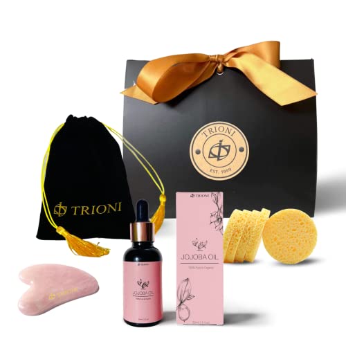 Подаръчен комплект TRIONI Gua Sha Kit & Skincare включва масажор за лице с естествен розов кварц Gua Sha,