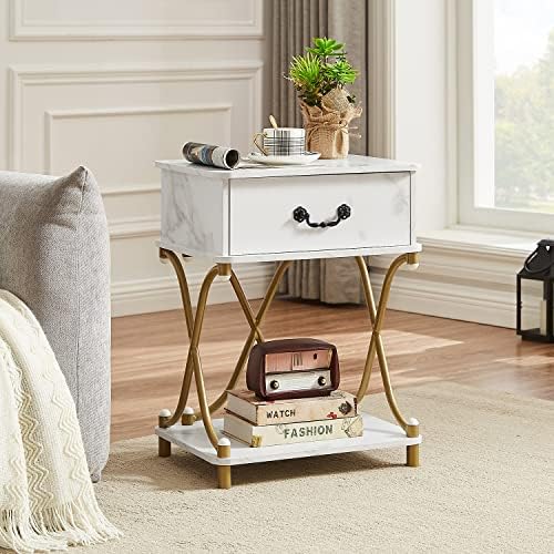 Нощни шкафчета VECELO Бял и Златист цвят, с чекмедже за Спални, малка странична маса с чекмедже за съхранение и отворен рафт за всекидневната, Модерен Стил