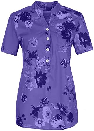 Летни Блузи за жени 2023, Модни Реколта Цветя Свободни Тениски с Копчета с Къс Ръкав и V-образно деколте за Всеки