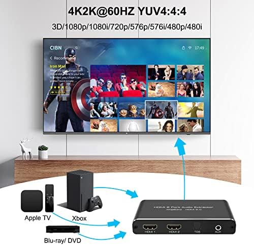 Аудио изход с HDMI превключвател 4K, Аудиоадаптер HDMI ARC, HDMI 2 Вход 1 Изход, Оптичен комутатор Swicther и Aux аудио изход С поддръжка на 3D за PS4 Xbox One DVD, Blu-ray Плейър HD TV Проектор