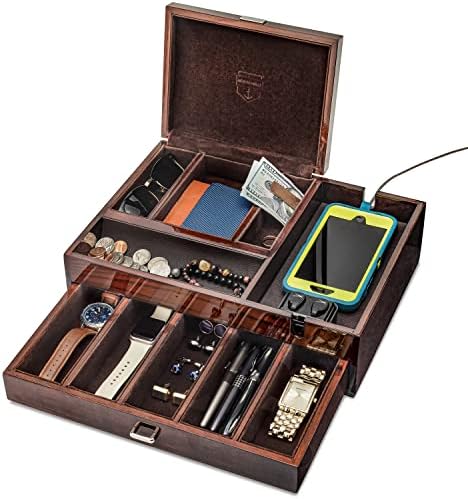 HOUNDSBAY Admiral Тоалетка Valet Box & Mens Jewelry Box Organizer - Органайзер за часовници за мъже с Голям зареждащата станция за смартфон (Червено дърво масив ясен)