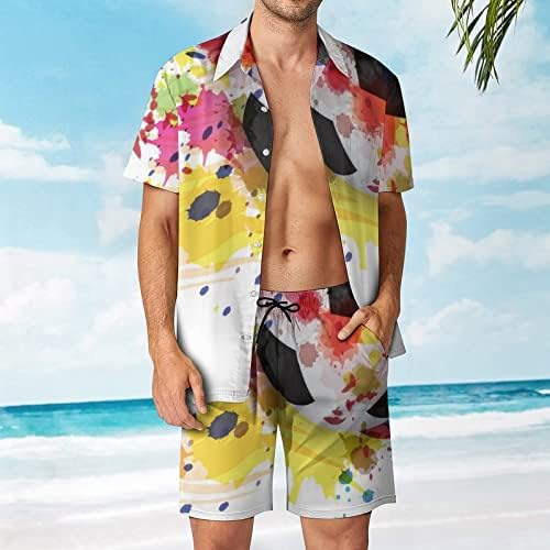 Футболна топка Ink Splash за Мъже Хавайски Ризи и Плажни Шорти, 2 броя, Блуза, копчета, Панталони Свободно Намаляване Костюм