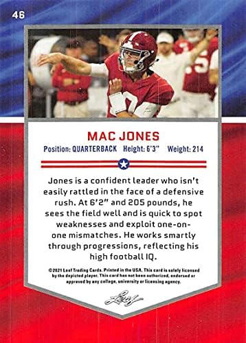 Търговия с картон на футболиста на All-American RC Новобранец Crimson Tide на драфте 2021 Leaf Blue 46 Мак Джоунс