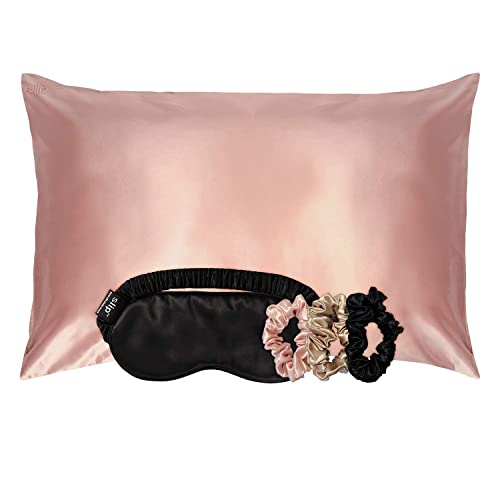 Калъфка за възглавница от чиста коприна, маска за сън + големи еластични ленти за коса - В комплекта е включена една калъфка от естествен коприна Queen (розово), една ко?