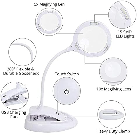 Настолна лампа с лупа Magnifier 2в1 с поставка и щипка, 5X 10X Лупа захранва от USB и 15 светодиода, 3 Регулируеми