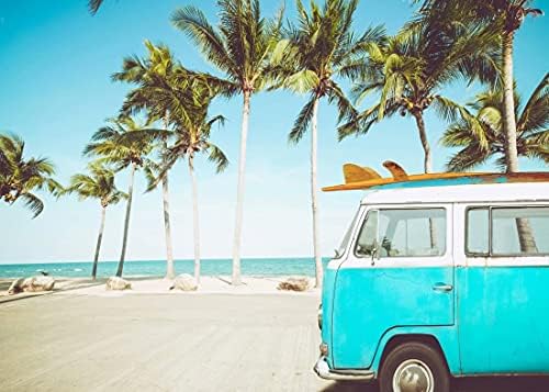 Текстилен Тропически Плаж Фон BELECO 5x3 фута, Ретро Автомобил на плажа с дъска за сърф, Лятна Хавайски Фон за Снимки,