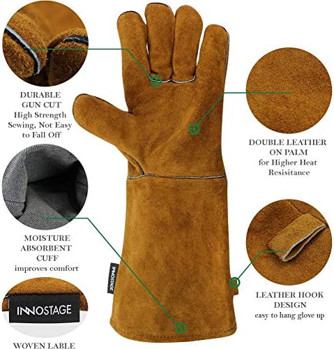 Ръкавици за Заварчик INNO STAGE Топлоустойчива 16 Инча От Телешка кожа 662 ℉ Кожени Ръкавици за заваряване Mig Forge