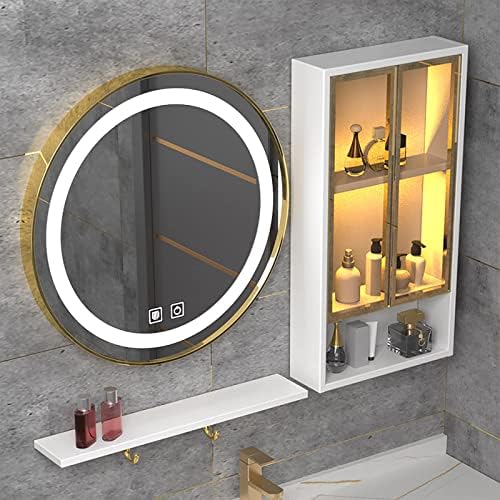 RAZZUM Mirror Модерен Стенен Шкаф за Баня с Двойни Врати, Умно Огледало с led Осветление, Стенен Шкаф за Баня с Куката за Кърпи