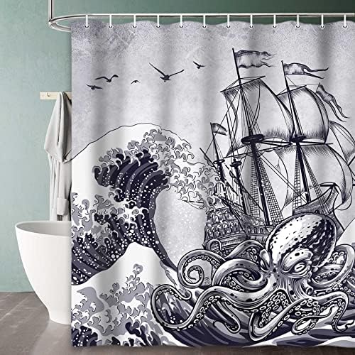 Морска Завеса за душ с Осьминогом, Определени Завеса за душ Kraken с Куки За Баня, Сиви и бели Завеси за душ