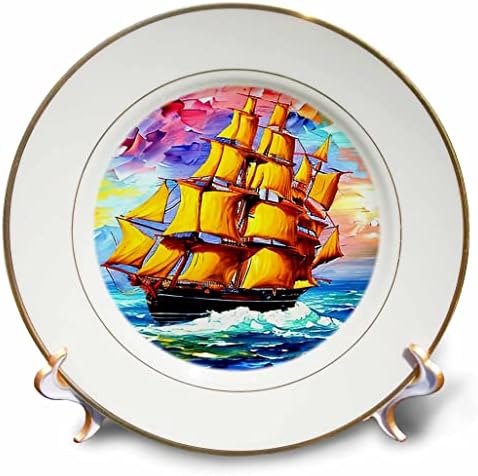 Триизмерно Цифрово изображение с висока кораб. Фантастичен кораб с Жълти платна. Подарък чинии за моряците (cp-375685-1)