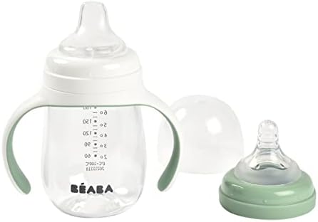 Детска бутилка BEABA 2-в-1 с Учебната поилкой, Обучение чаша, Зърното за бебешки шишета и Мек Силикон Улей за поливане, Защита от разливане, За деца, от 7 унции (Градински