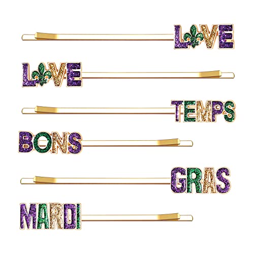 HZEYN 6 Опаковки заколок за коса Mardi Gras с пайети Love Bons Temps като Fleur De Lis, Щипки за коса-Боппи за жени (Mardi Gras, Love, Bons)