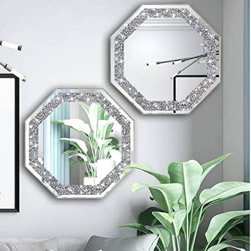 Стенни огледала XIHACTY от 2 теми, осмоъгълник, огледала с диаманти, стенен декор, сребърни декоративни огледала за вашия