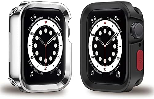KAKUYI 2 опаковки Здрав защитен калъф е Съвместим с Apple Watch Серия 7/8 41 мм Series 6/ SE/Series 5/Series 4 40 мм Мек TPU устойчив на надраскване пълен размер, калъф (посеребренный и тъмно че