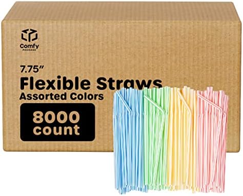 [400 Опаковки] Гъвкави за Еднократна употреба пластмасови сламки за пиене височина 7,75 инча В ивици различни цветове...