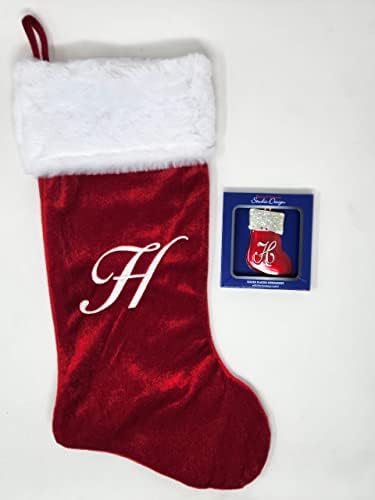 Коледни Чорапи с Монограм 20 инча, Плюшено Червено, с Бяла белезници и Посеребренным Орнаменти във формата на Елхи, Набор
