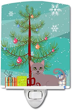 Керамични лека нощ Carolin's Treasures BB4427CNL Russian Blue Cat Merry Christmas Tree, компактен, сертифициран UL, идеални за спални, баня, детска, коридор, кухня,